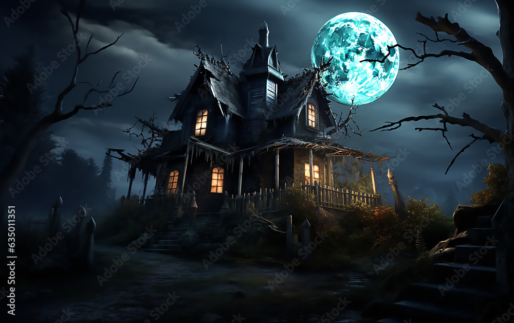 Spooky halloween background with old castle and full moon