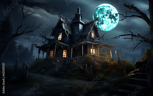 Spooky halloween background with old castle and full moon