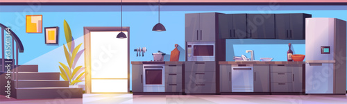 Kitchen room interior with dining table in house cartoon vector background. Modern fridge, stove, sink and stove inside apartment. Gray cooking appliance and blue wall decoration panorama design