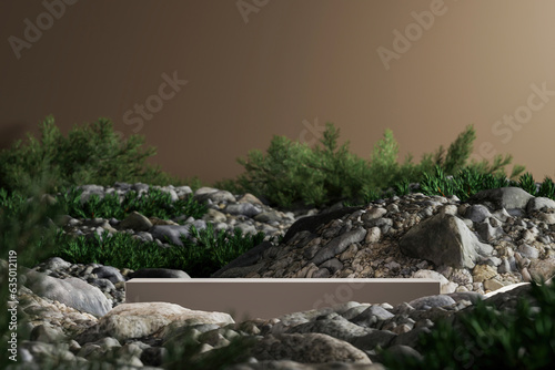 White platform middle mockup scene gravel and small plants. Abstract mockup scene for product presentation. 3d rendering
