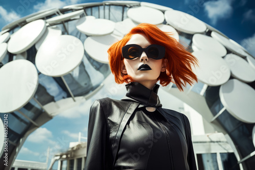Young redhead woman with a futuristic architecture background. Generative AI.