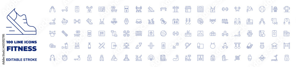 100 icons Fitness collection. Thin line icon. Editable stroke.