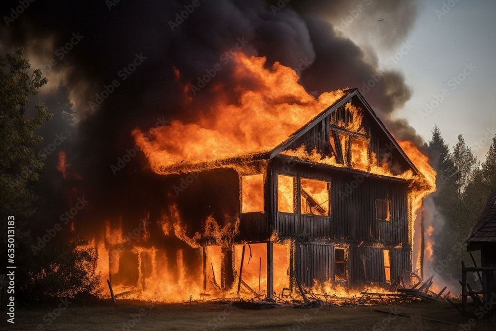 A wooden house engulfed in flames. Generative AI