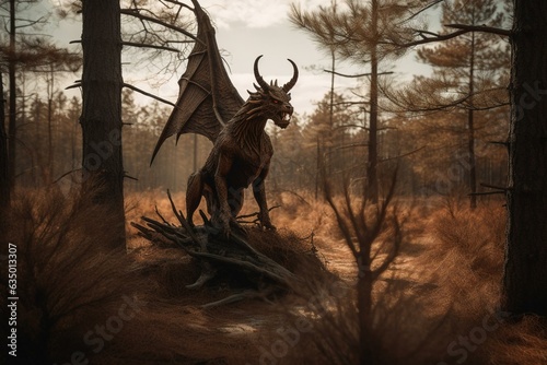 A creature with an animal head, horns, bat wings stands in the pine barrens. It's the legendary Jersey Devil. Generative AI photo