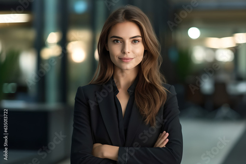 Portrait of attractive successful female ceo manager standing in office  Businesswoman leader  elegant professional company executive ceo manager  wearing suit standing in office with arms crossed