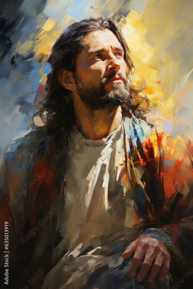 A painting of Jesus, portrait on colorful background. Digital image.