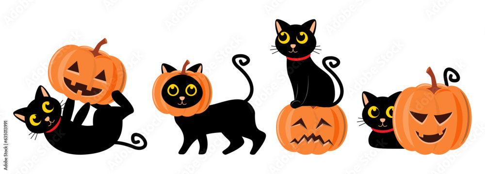 Set of cute black cat and carved pumpkin . Halloween concept . Vector . Set of cute black cat and carved pumpkin . Halloween concept . Vector .