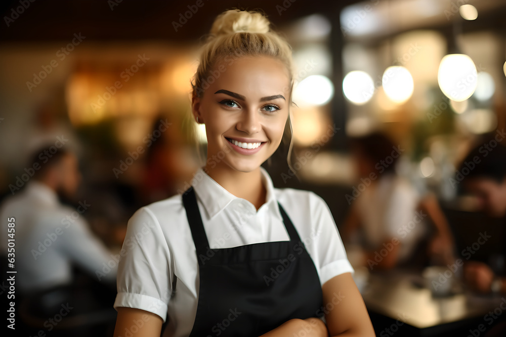 Portrait of happy waitress wearing apron smiling to the camera, woman wearing apron smiling welcoming guests having prosperous catering business concept