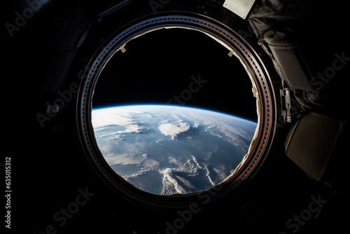 A round space station window showing earth, provided by NASA. Generative AI