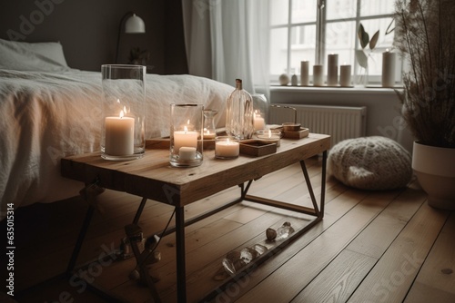 Scandinavian bedroom featuring a zen-inspired wooden table, candles, pebbles, large window, and parquet flooring. Generative AI