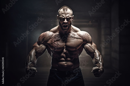 Extreme bodybuilder showing his muscles. Huge athlete demonstrating power.