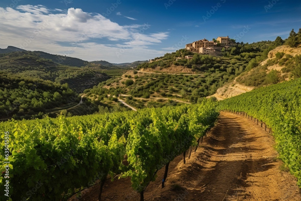 Scenic vista of Priorat vineyards in Tarragona, Spain. Generative AI