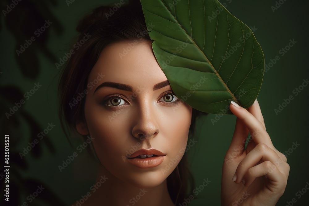 Woman holding leaf. Generate Ai Woman holding leaf. Generate Ai