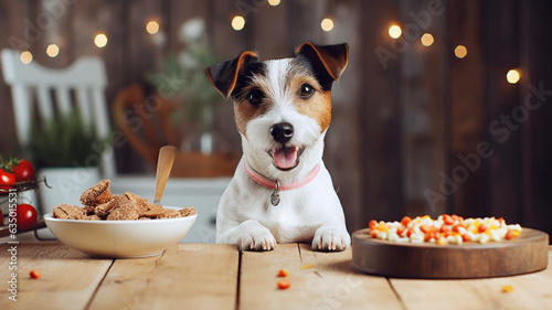 Photographie Cute little puppy dog happy birthday party meal sitting in the living room with a bowl of dry healthy tasty food cozy interior