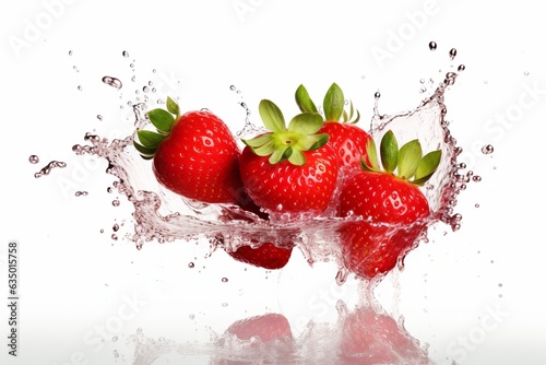 Falling Strawberries with the splash of water isolated on White background