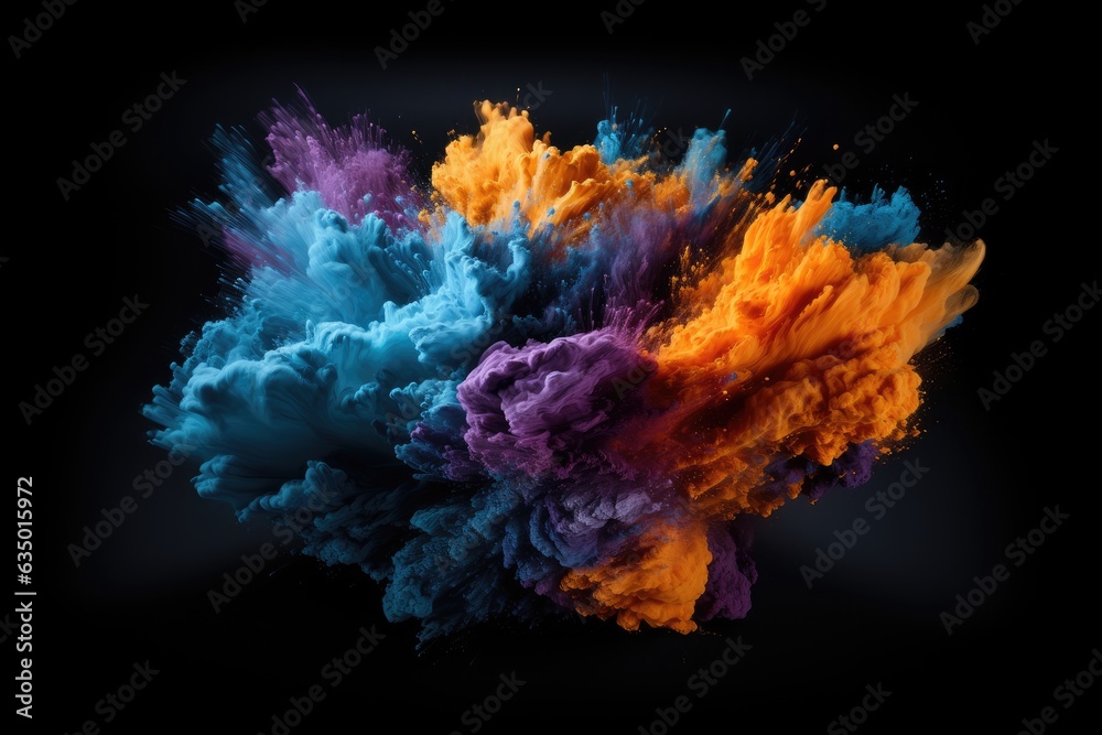 Colorful liquid explosion under water on black background. Abstract backdrop with color splashes. Underwater explosion paint.