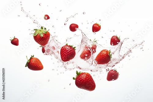 Falling Strawberries with the splash of water isolated on White background