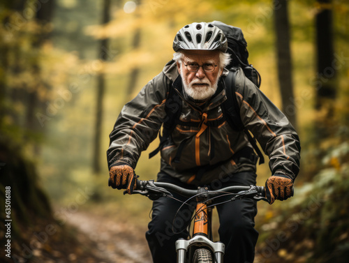 old man riding a bike in a city © kalafoto