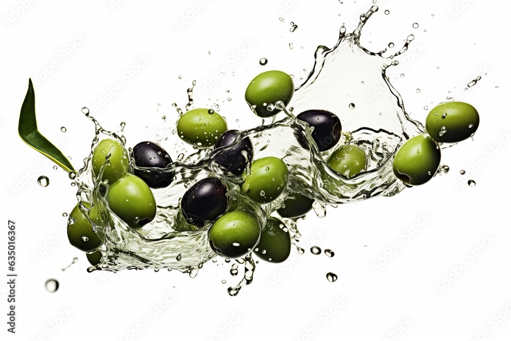 Falling Olives with the splash of water isolated on White background Falling Olives with the splash of water isolated on White background