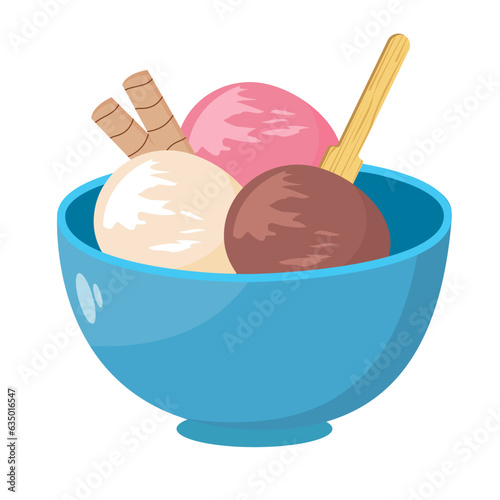 Ice cream scoops in a bowl flat vector design isolated on white background