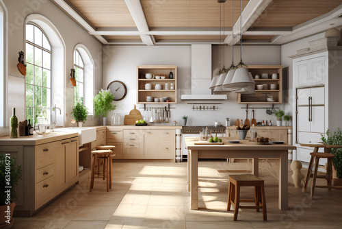 Provance style kitchen interior in luxury house. Generative AI content © tynza