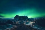 Rocky landscape with Northern Lights, blue sky background with room for text. Generative AI