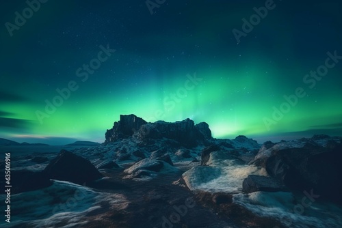 Rocky landscape with Northern Lights, blue sky background with room for text. Generative AI