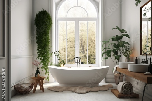 Stylish, cozy bathroom with window, white bathtub, and plants. Generative AI