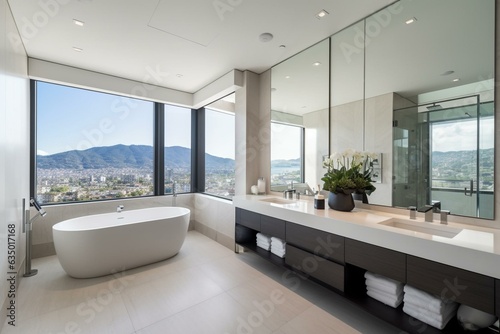 Bright bathroom with bathtub, dual sinks, and expansive view. Generative AI © Dante