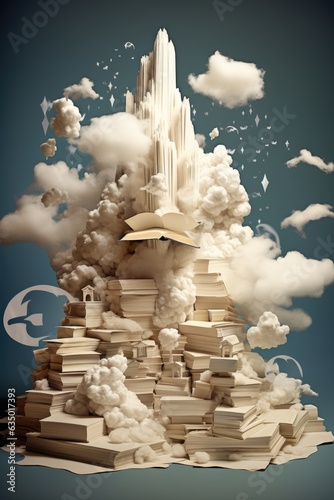 A pile of books sitting on top of a pile of clouds. Digital image.