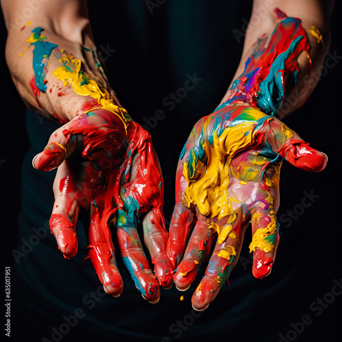 Hands covered in thick and colorful paint. Artistic and creative people or a painter concept.