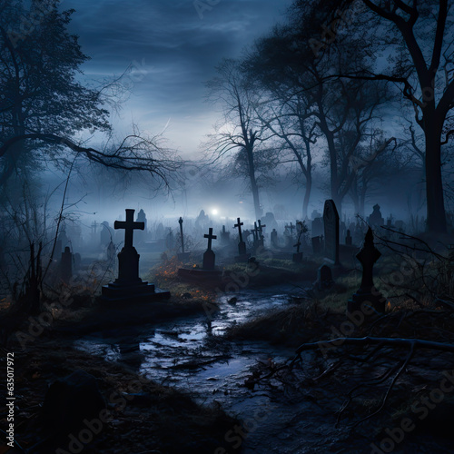 Spooky or creepy Graveyard at night with fog and moonlight. Concept of Halloween.