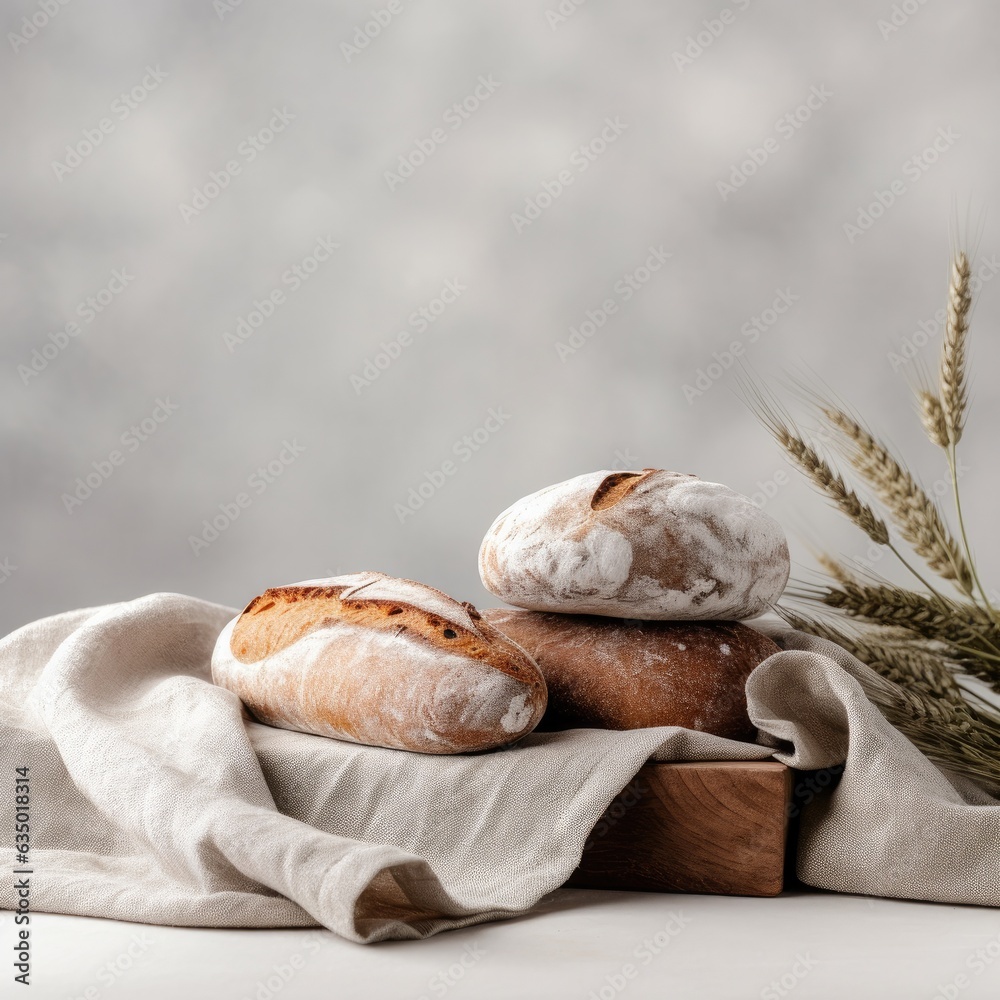 Obraz premium Fresh crusty bread on a light white background. Generative AI.