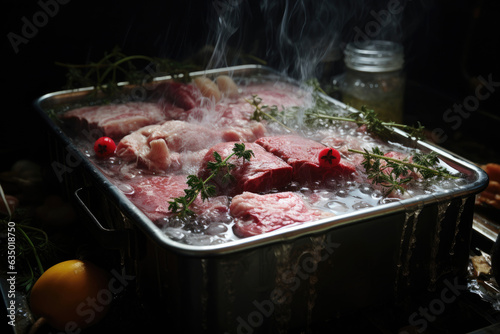 Meat in a tray submerged under broth