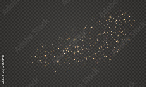 Vector Illustration of Glitter Particle Effect. Golden sparkling trail of space stardust with glistening particles on a transparent background. Royalty-free stock illustration in PNG format.