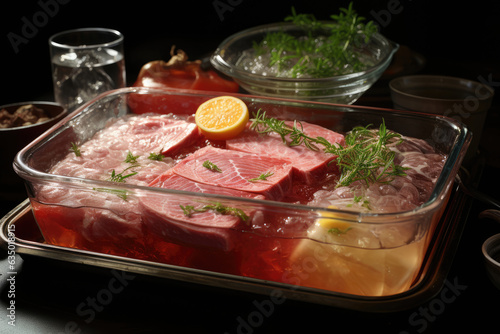 Meat in a tray submerged under broth