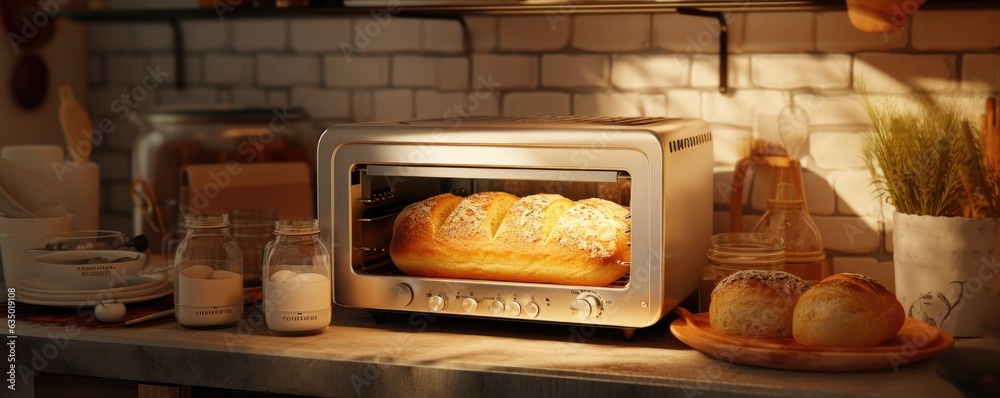 Cute oven in the kitchen, baking fresh fragrant bread. Cozy, warm interior. Bakery. Generative AI. Cute oven in the kitchen, baking fresh fragrant bread. Cozy, warm interior. Bakery. Generative AI.