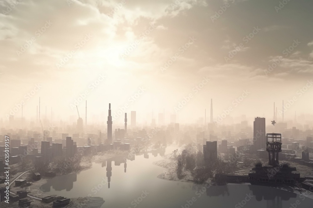 Fototapeta premium A 3D polluted cityscape with smog and industrial factories destroying nature. Generative AI