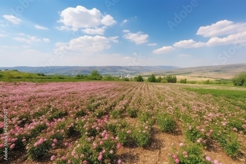 A beautiful panorama with blooming rose fields in spring. Generative AI