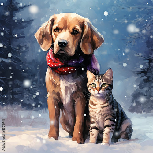 dog in winter clothes and cat