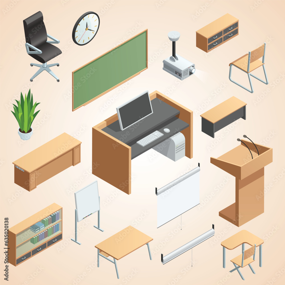 isometric icons set different classroom interior elements like furnitures equipments