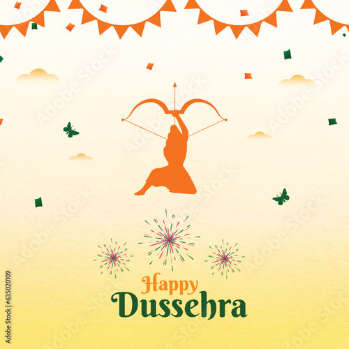 Traditional happy dussehra festival card with ram and bow arrow yellow background post or banner design vector file