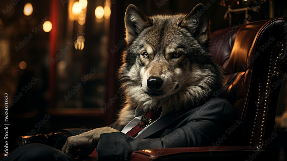 Boss wolf in business suit on dark background, concept of stock trading and company management - obrazy, fototapety, plakaty 