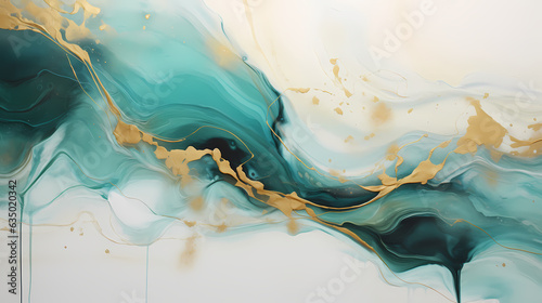 Stroke of sea green and golden paint on a white canvas, artistic style. Generative Ai 