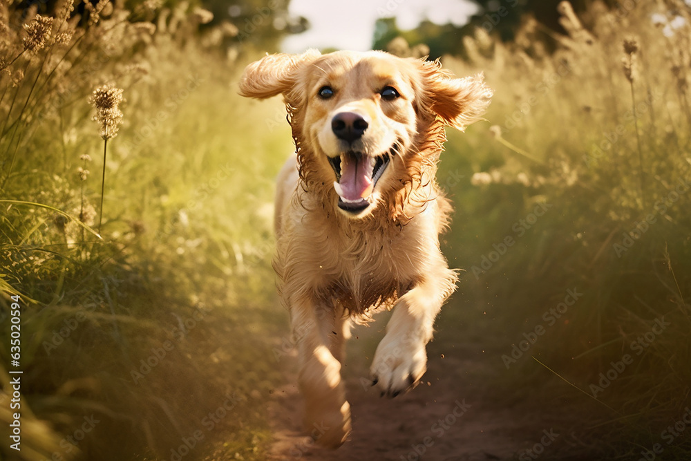 Enthusiastic and happy golden retriever running in field