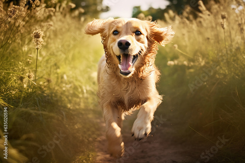 Enthusiastic and happy golden retriever running in field © Hype2Art