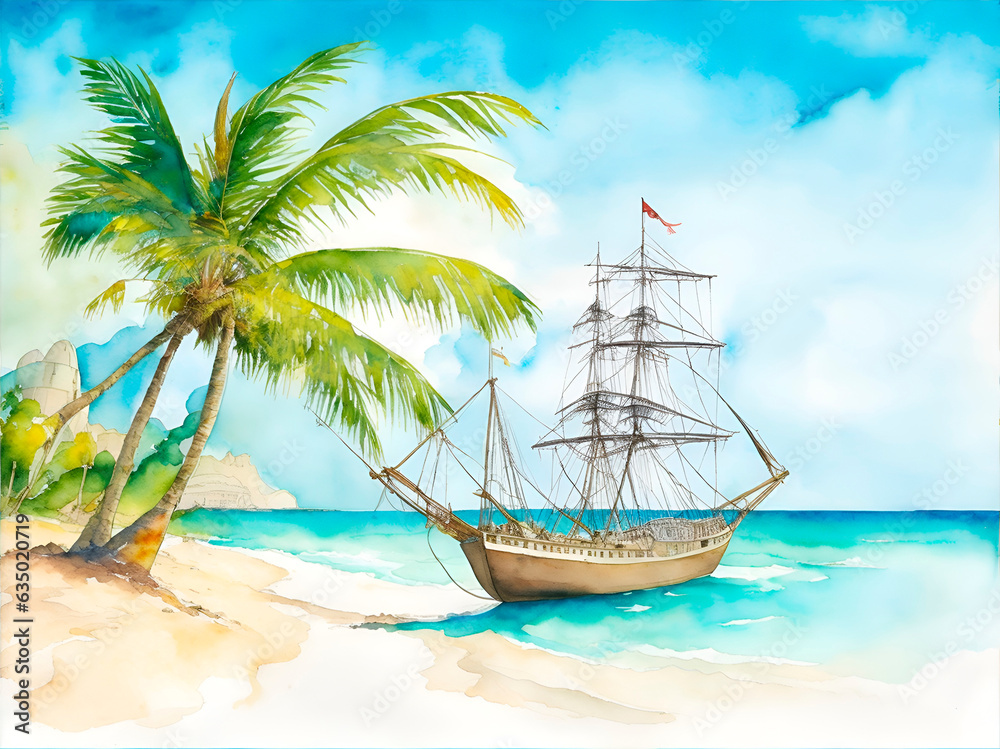 Beautiful beach with coconut palms, the ship sails on the sea, watercolor