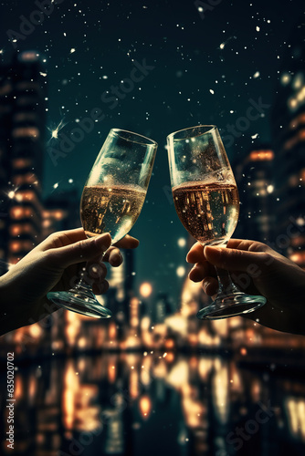 A toast to new beginnings two glasses in hands of champagne, cheers, celebrating New Year concept, Ai generative.
