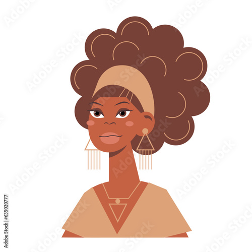Stylish african woman with a with bouffant hair. Cute cartoon girl portrait isolated on a white background. Vector avatar.