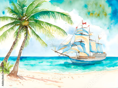 Beautiful beach with coconut palms, the ship sails on the sea, watercolor